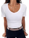 Aottori Damen T-Shirt Gerippt Slim Fit Basic Tee Shirts V Ausschnitt Kurzarm Sommer Tshirt Stretch Oberteile Casual Tops Weiß L
