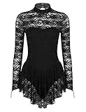 iEFiEL Damen Ballettkleid Rollkragen Spitzen Eiskunstlauf Kleid Tanzkleid Langarm Ballettanzug Trikot Body Wettkampf Sportkleid Schwarz M