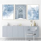 ShoKhi 3-Teiliges Bilder Kunstdrucke Islamische Kalligraphie Marokko Tür Leinwand Malerei Blaue Blume Poster Wand Kunstdrucke Bilder für Wohnzimmer Heim Dekoration/40x60CMx3/Ung