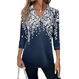 Cropped Shirt Damen T-Shirt Lange Süß Frühjahr Trikot Formal 3/4 Ärmel Baumwolle Geknöpftes for Female Taillierte Blau M