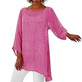 Leinenhemd Damen Lang Oberteile 3/4 Arm Shirt Große Größen Lockere Asymmetrisch Hem Langarmshirt Bluse Baumwolle Leinen Longshirt Vintage Lässiges Summer Blusenshirt Baggy Tunika Top H