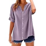 T-Shirts für Damen, kurzärmelig, aus Leinen, Sommerbluse für Damen mit Knöpfen, leicht, schwarze T-Shirts, Blusen, Übergröße, einfarbige Tops, Blusen, Mode, Loose Blusen, violett, Larg