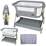 Twinly - Beistellbett 2-in-1, Babybett Faltbar und Höhenverstellbar COMFORTLY, 0-6 Monate, 5 Höhenstufen, Atmungsaktive Matratze, Netzseiten, 4 Rollen, Tragetasche, Einfach zu Transportieren (Wood)