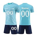 Generisch Personalisierte Fussball Trikot Set für Herren Und Kinder Fußball Trikots Selbst Gestalten Fußballtrikot Bedrucken Lassen Sportanzug Sport Fußballdress mit Name Nummer Team Logo Hellblau 3XL