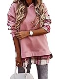 ORANDESIGNE Damen Kapuzenpullover Sweatjacke Hoody Kragen Kariert Pulli 2-in-1 Kariert Casual Bluse Langarmshirt Rosa XL