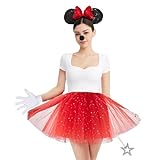 BAUZEIT Damen Maus Mouse Kostüm Rot Tutu Blingbling Haarreifen mit Maus Ohren Handschuhe Nase Zauberstab für Fasching Karneval Motto Cosplay Party