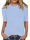 Minetom Damen Halbarm T-Shirt Rundhals Sommer Tshirt Leichte Einfarbig Oberteil Basic Tops A Hellblau M