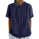 Damen-T-Shirt mit kurzen Ärmeln aus Leinen, Damenbluse aus Baumwolle und Reverskragen, einfarbig, Blusen und Hemden, lockeres Oberteil, Oversize-Bluse, große Größen für den Sommer, Von der Marine,