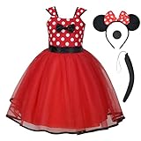 ACWOO Minnie Kostüm für Mädchen Kinder, Polka Dot Geburtstag Kleid mit Maus Ohren Haarreif, Cosplay Kostüm für Halloween Party Verkleidung, Rot (120cm)