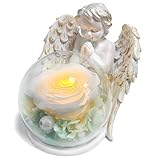 inyeskon Geburtstagsgeschenk für Frauen, Ewige Rose mit Engel Figur & LED Licht in Einer Glaskuppel Weiß Blume Engel Geschenke für Sie Mutter Oma zum Geburtstag Weihnachten Muttertag Valentinstag