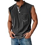Tank Top Herren Muskelshirts Knopfleiste V Neck Sport T-Shirts Sommer Ärmelloses Unterhemden Muscle Shirt Gym Funktionsshirt Achselshirts Freizeit Strand Top mit Brusttasche(#D Black,3XL)