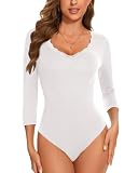 WOWENY Body Damen Elegant 3/4 Arm Shirt Mit Spitze Spitzenbody V Ausschnitt Bodysuit Casual Oberteil Leotard(Weiß, M)