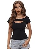 GORGLITTER Cut Out Top Damen Sexy Tshirt Mit Ausschnitt Kurzarm Shirt Eng Tshirts Oberteile Sommer Top Schwarz L