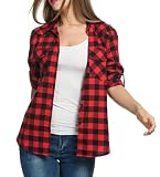 Timuspo Damen Kariertes Hemd mit Knopfleiste Langarm Oktoberfest Bluse Karo Tunika Baumwolle Tops Casual V-Ausschnitt Oberteile Rot/XL