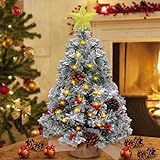 Deko Tannenbaum mit LED Lichterketten warmweiß,Frasheng 50 cm Mini Weihnachtsbaum,Künstlicher Geschmückter Weihnachtsbaum beleuchtet,Tannenbaum für Tisch,mit Schneeflocken,für die W