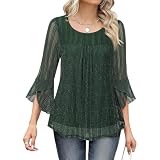 Cihdmfb Pailletten Oberteil Damen Festlich Party Bluse Elegante Rundhals 3/4 Ärmel Glitzer Shirt Schön Glänzend Longshirt Große Größen Volant Ärmel Tunika Langarmshirt Glitzertop(A GN1,M)
