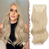 FESHFEN Clip in Extensions Wellig Haarverlängerung, 5 PCS Lang Gewellte Haarextension mit Clips Synthetik Haarteil Aschblond Haare Extension für Damen, 50