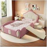 Wyibwy Kinderbett 90x200 cm Kronenkopf mit LED Streifen Polsterbett mit kleiner Rutsche und Leiter Geschützt durch weiche Kanten PU Rosa (ohne Matratze)