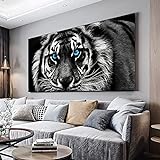 SXKJ Blaue Augen Tiger Wandkunst Leinwand Gemälde Schwarz Weiß Poster und Drucke Tiere Kunst für Wohnzimmer Wohnkultur 80x160cm R