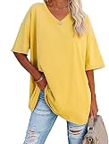 Oversize Basic Gelb T Shirt Damen Mit V-Ausschnitt Kurzarm T-Shirt Elegant Sommer Lockere Shirts Grosse Grössen Lang,Gelb,XXL