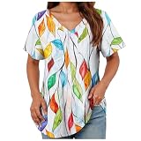 Damen-T-Shirt, Blumenmuster, V-Ausschnitt, kurze Ärmel, lockere Passform, Basic-T-Shirts mit gebogenem Saum, Damen-Tops, himmelblau, S