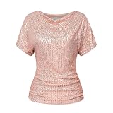 Schwarzes Pailletten-Top für Damen, Glitzer-Top, reine Farbe, Glitzerblusen, lässiger V-Ausschnitt, leichter Pullover, Tops, Basic, vielseitig, glitzerndes T-Shirt für Hochzeit, Abschlussball, rose, M