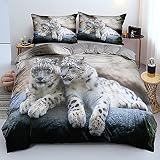 DXHOME 3D Bettwäsche 135x200 4teilig Berg Leopard Thema Wendebettwäsche Weiche Hochwertige Weiß Mikrofaser Bettwäsche für Jugendliche Kinder Einzelbett mit Reißverschluss und 2 Kissenbezüge 80x80