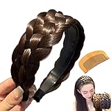 Perücke Haarreifen Zopf Geflochten Haarband im Koreanischen Stil, Breit Synthetische Haar Geflochtenes Stirnband, Perücke Haarbänder für Frauen Haar Rutschfest (Dunkelbraun mit Kämmen)