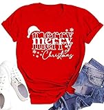 Merry and Bright Weihnachts-T-Shirts für Damen, mit Grafikdruck, Urlaub, lässiges Hemd, B-red, X-Groß