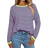 Damen-Langarm-Top, gestreift, Rundhalsausschnitt, klassisch, tailliert, Damen-T-Shirt, Gestreift - 03, S