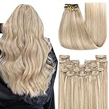 YoungSee Clip in Extensions Echthaar Blond Clip in Extensions Aschblond Strahnchen Blond Clip in Haarverlangerung Echthaar Clip in Extensions 40 cm Extensions Clip in 120g 7 Stuck #18/613