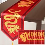 Dandat 6 Pcs Chinese New Year Table Runner Chinese Dragon Printed Table Runner 72 x 11 Inch Spring Festival Kitchen Dining Table Decoration for Chinese New Year Party Kitchen Restaurant Table D