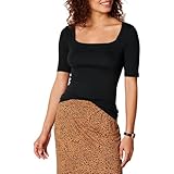 Amazon Essentials Damen Halbarm-T-Shirt mit eckigem Ausschnitt in schmaler Passform, Schwarz, S