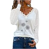 Masrin Trendige Oberteile Damen Eleganter Pullover mit Spitzeneinsatz Bluse mit ausgehöhlten Spitzenärmeln Frühling Herbst Langarmshirt Lässige Tunika mit Löwenzahn Libellen Print Schmale Pulli Top