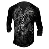 Pullover Herren Hawaii Hemd Männer T-Shirt Herren Weiß Retro Totenkopf Drucken Henley Shirt V-Ausschnitt Freizeithemd Gotisch Lustig 3D Druck Sweatshirt Mit Knöpfe Schwarz 4XL
