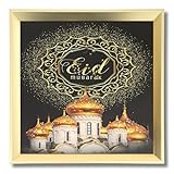 Flanacom Islamische Bilder mit Rahmen Aluminium 30 x 30 cm Ramdan Deko Muslimische Geschenke Arabische Wandbilder (30x30 Eid Mubarak)