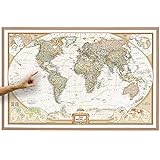 ORBIT Globes & Maps - Weltkarte mit Kartenbild von National Geographic - Pinnwand mit Holzrahmen, Aktuell 2023, 90x60 cm, englisch, Maßstab 1:46 Mio mit Fähnchen und Pins sowie Befestigung