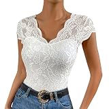 Odizli Spitzen Oberteile Damen Sommer Elegant Sexy Cap Sleeve V-Ausschnitt Blume Spitze Enge Top T-Shirt Bluse Spitzentop Spitzenbluse Festliche Hochzeit Party Trachtenbluse Weiß M