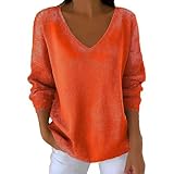 RLEHJN Herbst Pullover Damen Oversize Hoodie V-Ausschnitt Kapuzenpullover Sexy Langarmshirt Oberteile Basic Longshirt Lose Einfabrig Langarm T-Shirt Dünn Strickpullover Elegant Pulli Winterp