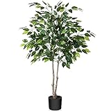 Kazeila Kunstpflanze Groß Ficus Benjamina 120cm Künstliche Pflanzen Deko Plastik Pflanze Kunstbaum für Schlafzimmer Büro(1Pack)