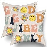 Kawani Good Vibes Only Smile Flower Face Kissenbezüge, 45.7x45.7 cm, inspirierendes Zitat, dekorative Couch-Kissenbezüge, 2er-Set, motivierende Ermutigung, Kissen, S