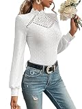 GORGLITTER Damen Oberteil Elegant Top mit Spitzen Trachentenbluse Langarm Dirndlbluse Spitzenshirt Herbst Shirt Stehkragen Weiß M