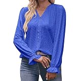 Chiffon Bluse Damen Schwarz Einfarbiges Damen-T-Shirt mit hohler Spitze, V-Ausschnitt Langen Ärmeln Kinder Strickjacke Jungen (Blue, XXL)