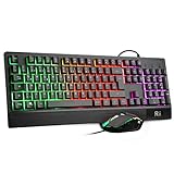 Rii Gaming Tastatur und Maus Set, Maus und Tastatur, RGB Hintergrundbeleuchtung QWERTZ (DE-Layout), Regenbogen Farben Beleuchtete USB Wasserdicht mit 3200 DPI für Pro PC G