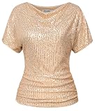 Frauen Sommer Pailletten T-Shirt für Party Kurzarm Rundhalsausschnitt Glitter Bluse Oberteile Aprikose L