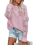Maavoki Pullover Damen Spitze Strickpullover, Lässige Rundhals Lace Langarm Häkelpullover, Elegantes Einfarbig Stricktop Patchwork Oberteile Stricken Langarmshirt Rosa S