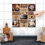 FoLIESEN Fliesenaufkleber für Bad, Küche, Badezimmer - Fliesen-Folie selbstklebend - Deko-Aufkleber - Kaffee-Collage, 15x15 cm - 9-tlg