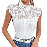 Odizli Spitzen Oberteile Damen Sommer Elegant Sexy Kurzarm Rollkragen Blume Spitze Durchsichtig Rückenfreies Enge Top Bluse Spitzentop Spitzenbluse Festliche Hochzeit Party Trachtenbluse Weiß L