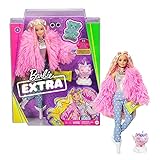 Barbie GRN28 - Extra Puppe, flauschiger pinker Mantel mit Einhorn-Schweinchen, extra-lange wellige Haare, mehrschichtigem Outfit & Accessoires, bewegliche Gelenke, Geschenk für Kinder ab 3 J