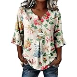 Damen Bluse, Blumenmuster, Floral Print, V-Ausschnitt, 3/4 Ärmel, Exquisite Hemp, Knopfleiste, Loose Fit, Retro Sommer Top(Hot Pink, S)